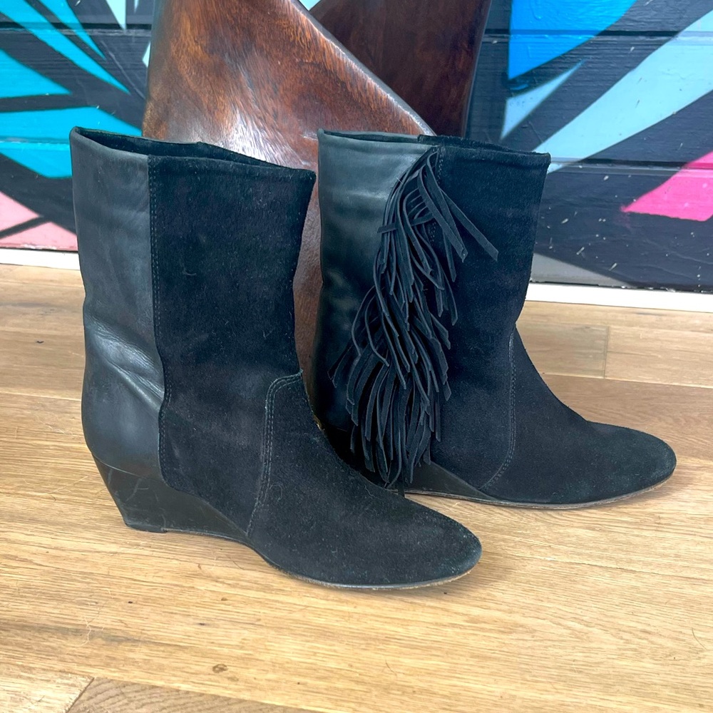 Black Leather and Suede Fringe Booties by Candela!